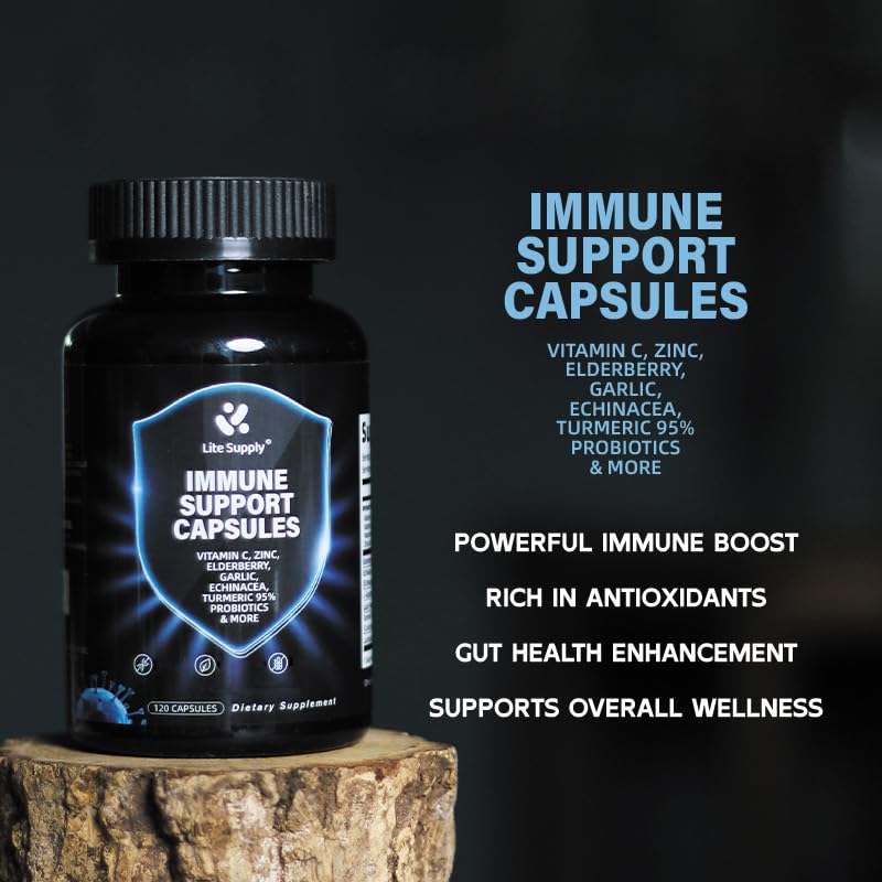 Immune Support Capsules, 10-in-1 Powerful Blend of Vitamin C, E, B6, Zinc, Elderberries, Garlic Bulb, Echinacea, Turmeric Advanced, Immune Defense for Adults