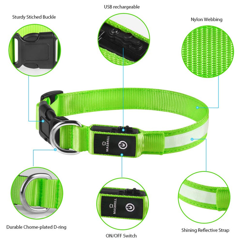 MASBRILL Luminous Dog Collar, Luminous Rechargeable USB-C Dog Collar, LED Collar for Dogs, Adjustable Waterproof, Luminous Dog Collar, 3 Light Modes for Small, Medium, Large Dogs (Green M) Green - BeesActive Australia