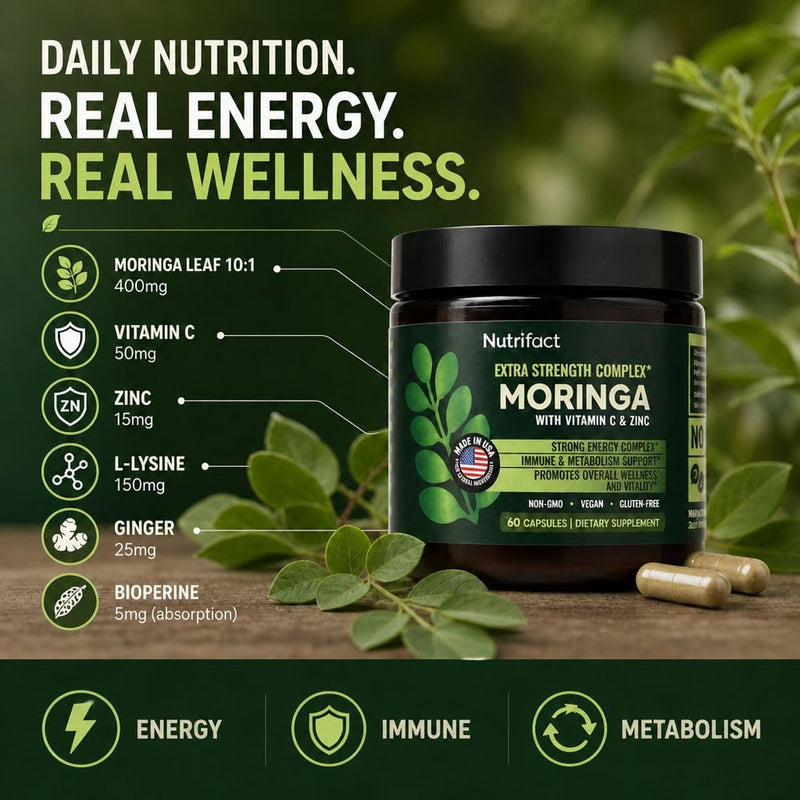 Moringa Capsules with Vitamin C, Zinc & L-Lysine – Immune Support, Vegan | Oleifera leaf extract with ginger for energy, antioxidant and digestion; non-GMO, made in USA; 60 count