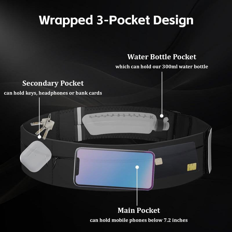Running Belt for Women & Men-Waterproof Running Bag Belts Fanny Pack with Water Bottle & Cooling towels-Adjustable Reflective Belt Waist Pack with 3 pocket for Jogging, Hiking, Gym & Travel (Medium) Medium