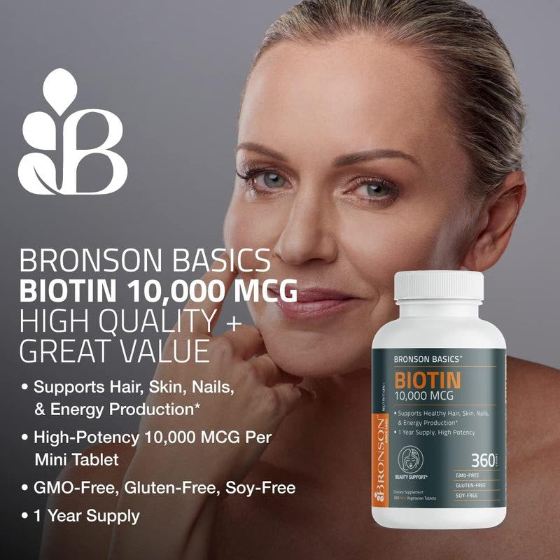 Bronson Biotin 10,000mcg, Supports Healthy Hair, Skin and Nails, Vegetarian, Non-GMO, 150 Tablets Unflavored 150 Count (Pack of 1) - BeesActive Australia