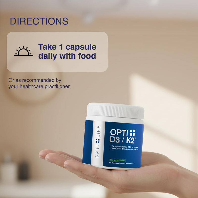 Opti+ Vitamin D3 K2 (MK-7) Supplement – Supports Bone Strength, Cardiovascular Health & Immune Function*, Vitamin D3 K2 Daily Support – 120 Capsules, 120-Day Supply