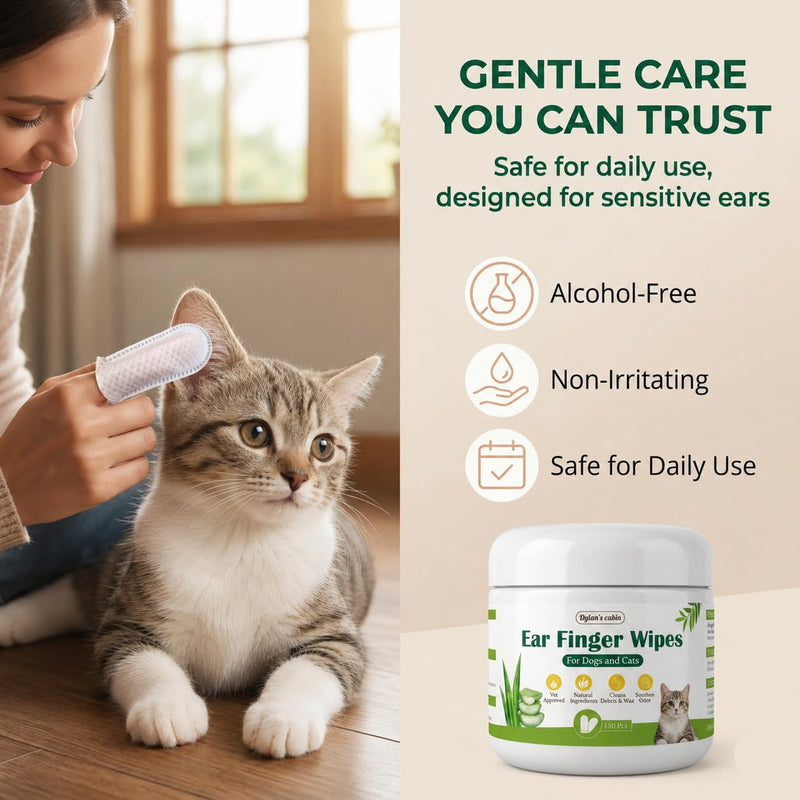 Dylan's cabin Cat Ear Wipes - 150 Count Finger Wipes for Dogs Cats, Pet Ear Cleaning Remove Wax Dirt Debris, Odor Gentle Alcohol Free Daily Ear Care pet ear finger wipes
