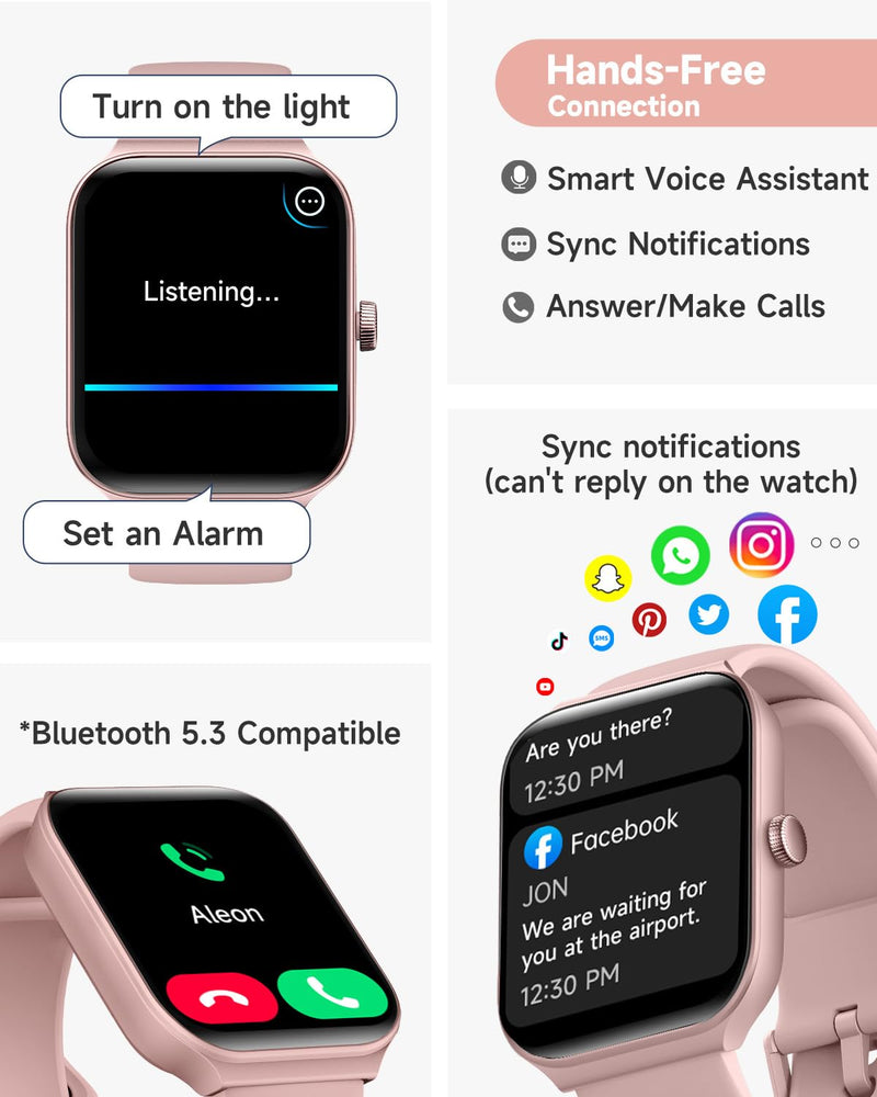 TOOBUR Smart Watch for Women Alexa Built-in, 1.95" Fitness Tracker with Answer/Make Calls, IP68 Waterproof/Heart Rate/Sleep Tracker/100 Sport Modes, Fitness Watch Compatible Android iOS fits 145mm-190mm wrists Pink - BeesActive Australia
