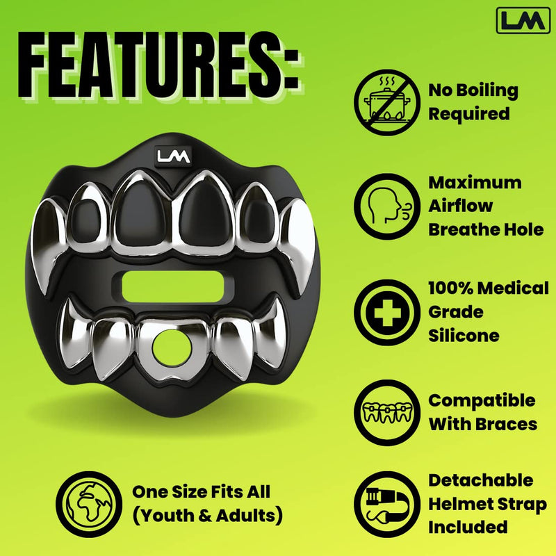 Loudmouth Football Mouth Guard - 3D Chrome Grillz Football Mouthpiece, Fits Adult & Youth, Mouth Guard Accessories (3D Grillz - Chrome Black/Silver) 3d Grillz - Chrome Black/Silver