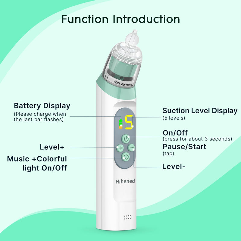 Electric Nasal Aspirator for Baby, Nose Aspirator for Toddlers, Waterproof Baby Nose Sucker, Nose Cleaner with 3 Silicone Tips, Adjustable Suction Level, Music and Light Soothing Function,Green Green