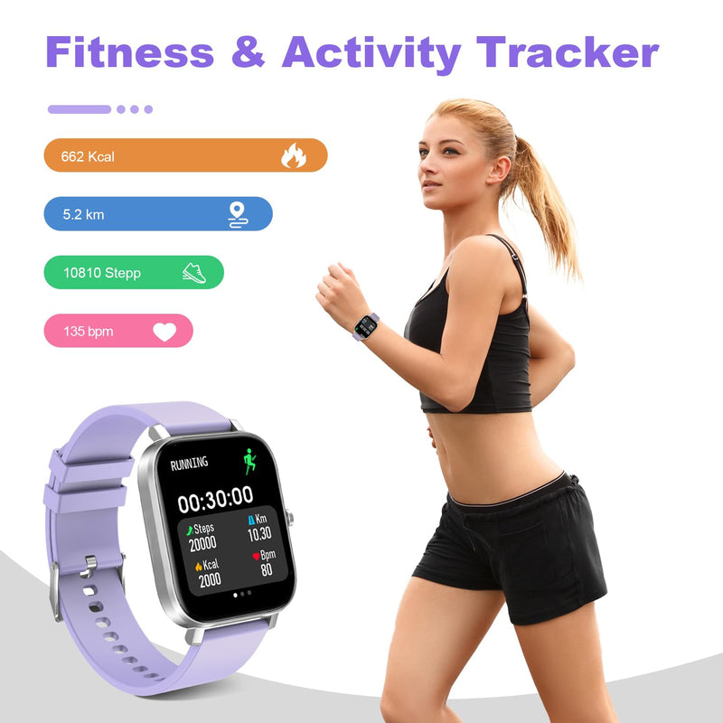 Smart Watch for Men Women Compatible with iPhone Samsung Android Phone 1.69 inch Full Touch Screen IP68 Waterproof Bluetooh Fitness Tracker Heart Rate/Sleep Monitor (Purple) purple