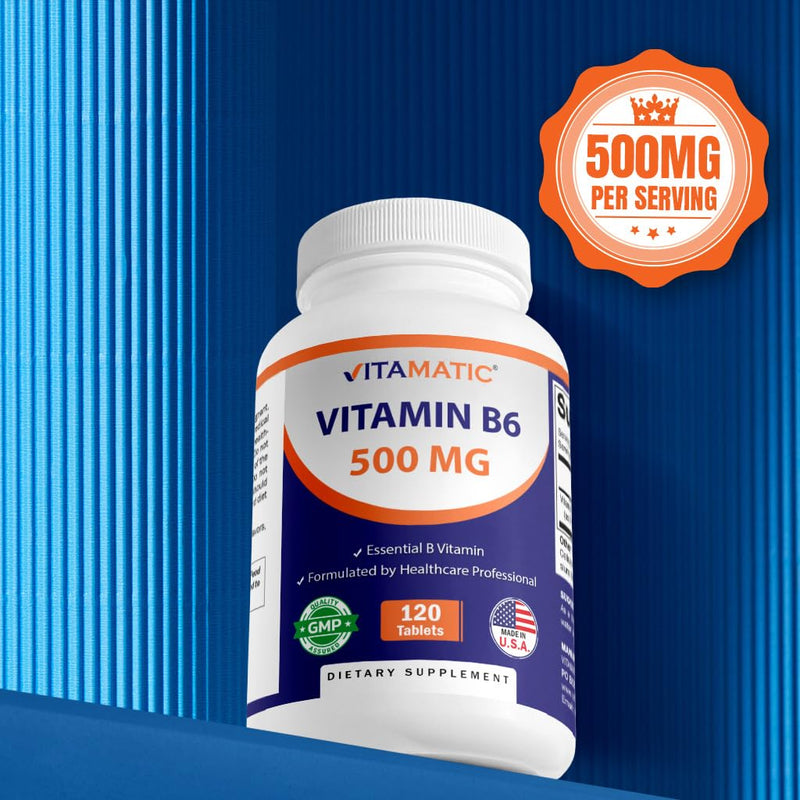 Vitamatic Vitamin B6 (Pyridoxine HCI), 500 mg – 120 Vegetarian Tablets Promotes Energy Production, Boosts Metabolism & Immune Health Support (Pack of 2) 120 Count (Pack of 2)