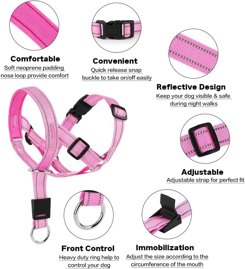 No-Pull Dog Headcollar - Reflective Head Halter Collar for Dogs, Padded Dog Head Collar to Stop Heavy Pulling, Anti-Pull Muzzle Leash (Pink, Medium) Pink - BeesActive Australia