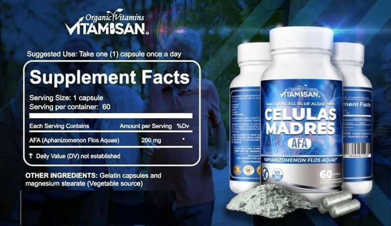 VITAMISAN 4 Celulas Madres Stemcells Celula AFA Blue Green Algae - Aphanizomenon Flos-aquae -Anti-Aging 240 Capsules new no GMO