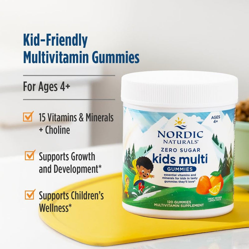 Nordic Naturals Zero Sugar Kids Multi Gummies, Ages 4+ - 120 Count | Delicious Orange Lemon flavored gummies. Great-tasting multivitamin kids love. Non-GMO, Vegetarian. 30 servings per bottle