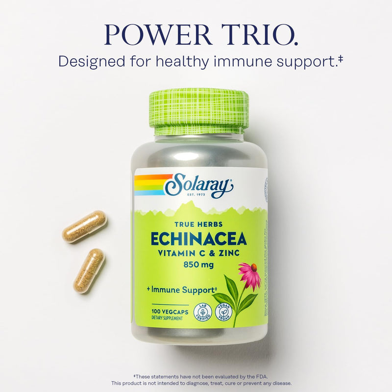 SOLARAY Echinacea Vitamin C and Zinc Wellness Formula - Immune Support Supplement - Echinacea Capsules with Vitamin C 500mg Plus Bioflavonoids, Vegan, 60-Day Guarantee, 50 Servings, 100 VegCaps 100ct