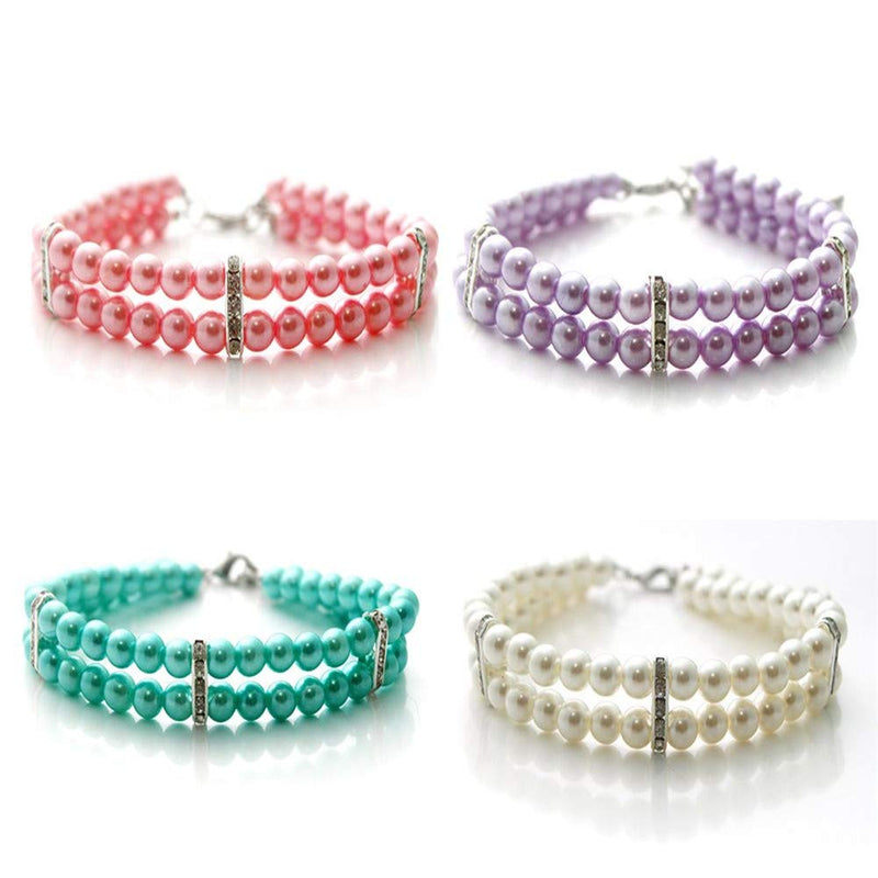 Dogs Kingdom Dog Cat Luxury 2 Row Pearls Necklace Collar with Crystal Rhinestone Charm for Small Dog Girl Puppy Fancy Princess Wedding Pearl Collar,Purple,S:8-10" Neck S:8-10" neck Purple - BeesActive Australia