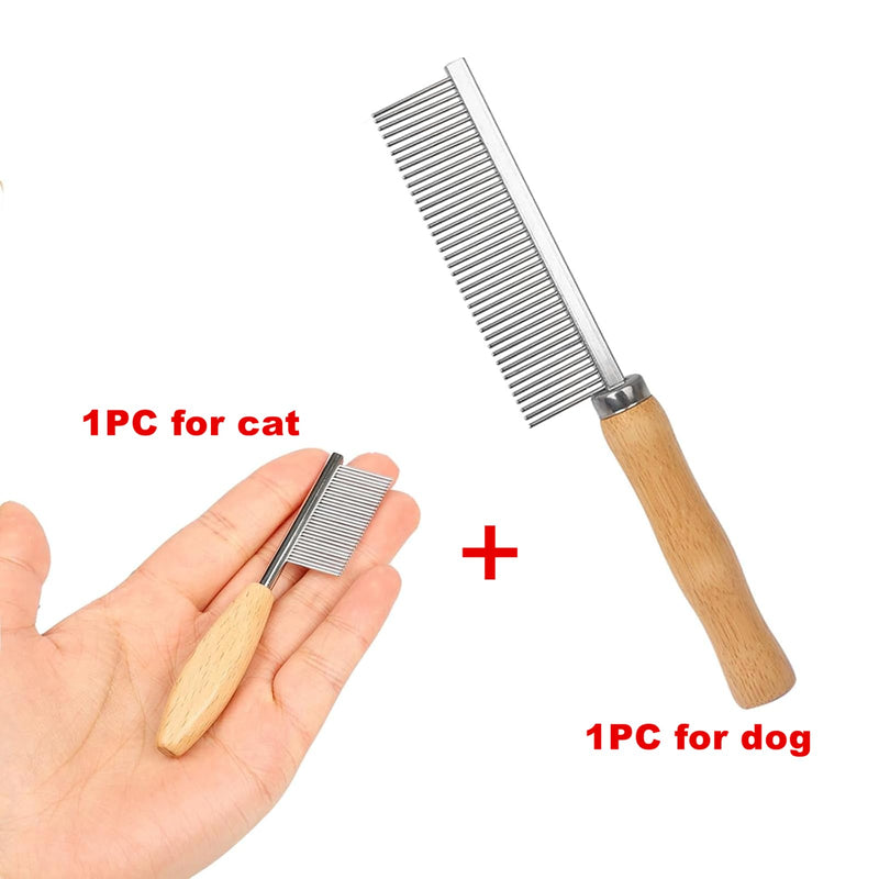Grooming Comb for Pets 2pcs Solid Wood Cat&Dog Combs Stainless Steel Pin Teeth Wooden Handle for Removing Tangles and Knots Cat Flea Comb for Long Short Hair Fur Brush Tool - BeesActive Australia