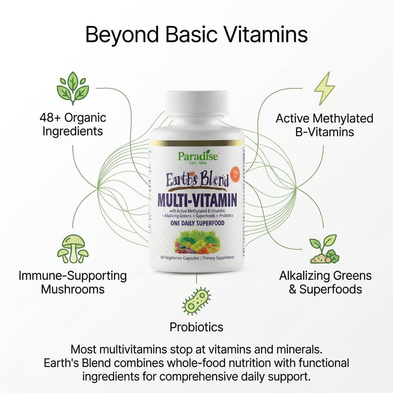Paradise Herbs & Essentials Once Daily Multivitamin Iron 60 Capsules | Organic superfoods, probiotics, and vitamins A, B12, C, D, K2 in a dietary supplement for immune and bone support. With Iron 60 Count (Pack of 1)