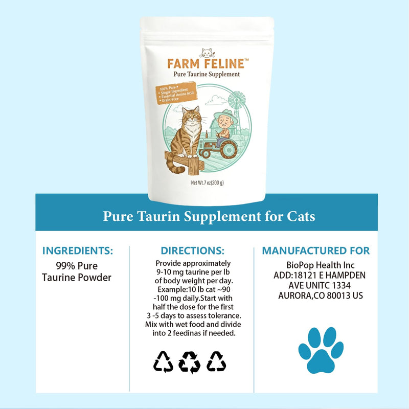 Taurine Supplement for Cats, Pure Taurine Powder for Heart Health, Vision & Vitality, Odorless Cat Food Topper, 6 Oz/170g