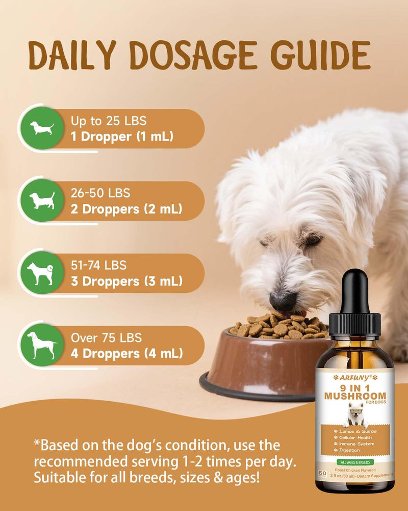 9 in 1 Mushroom for Dogs - Mushroom Supplement for Dogs - Digestive, Skin, Joint, Immune System - with 9 Mushrooms - Roast Chicken Flavor, 60ML