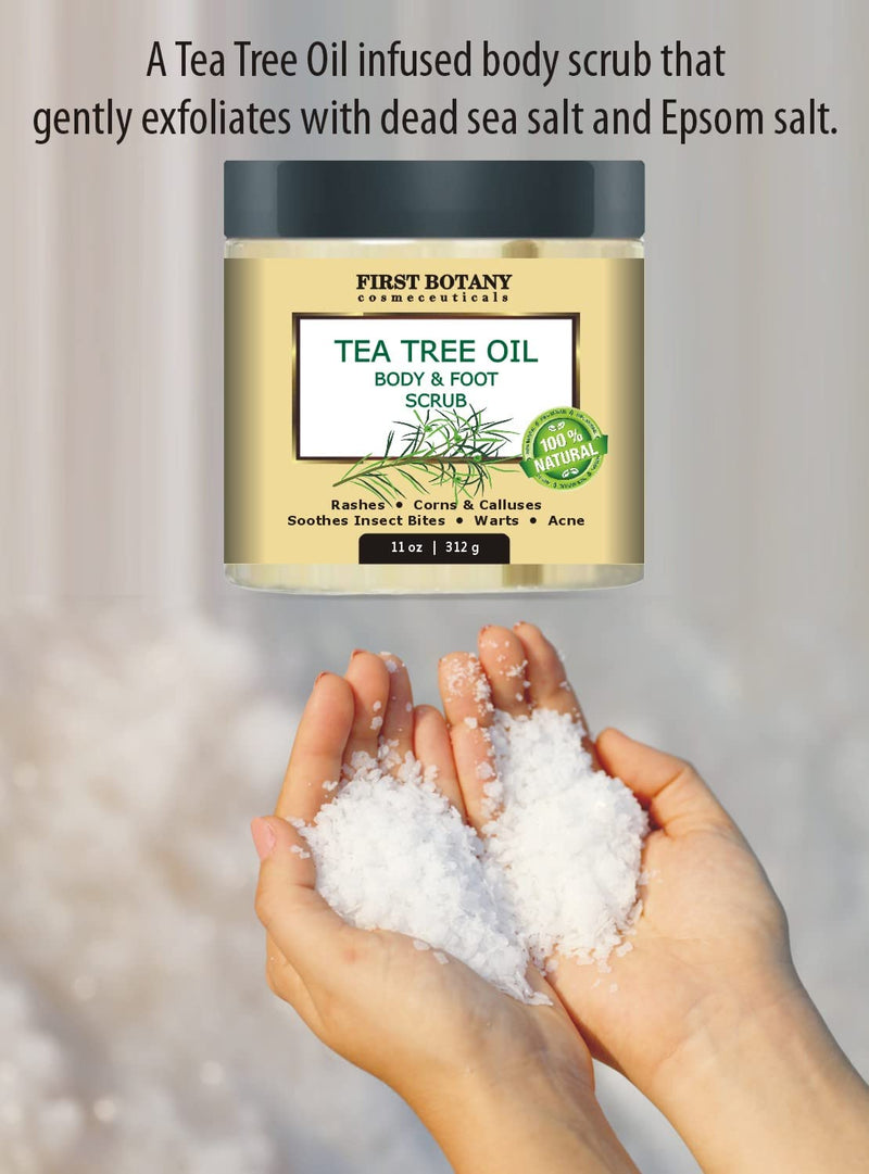 First Botany Cosmeceuticals, 100% Natural Tea Tree Oil Body & Foot Scrub with Salt - Best for Acne, Dandruff and Warts, Helps with Corns, Calluses, Athlete foot, Jock Itch & Body Odor - BeesActive Australia