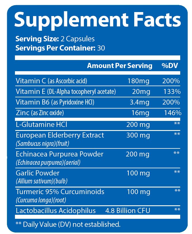 Immune Shield – Daily Nutrient & Botanical Blend with Vitamin C, Zinc, B6, Elderberry, Echinacea, Probiotic – 30-Day Supply