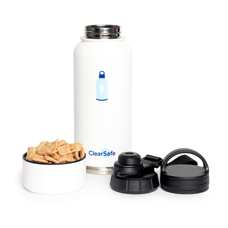 ClearSafe Insulated Stainless Steel Sports/Pet Water Bottle with Storage Compartment, 32 oz, White, 2 Lids, WB32White001 - BeesActive Australia