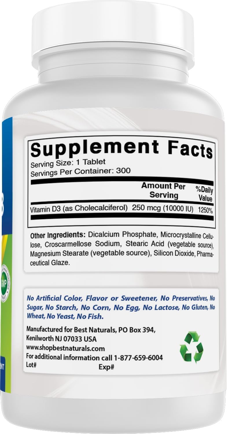 Best Naturals Vitamin D3 10000 IU – 300 Tablets – Made in USA, Non-GMO, Gluten Free, No Artificial Color, Flavor or Preservatives – Dietary Supplement