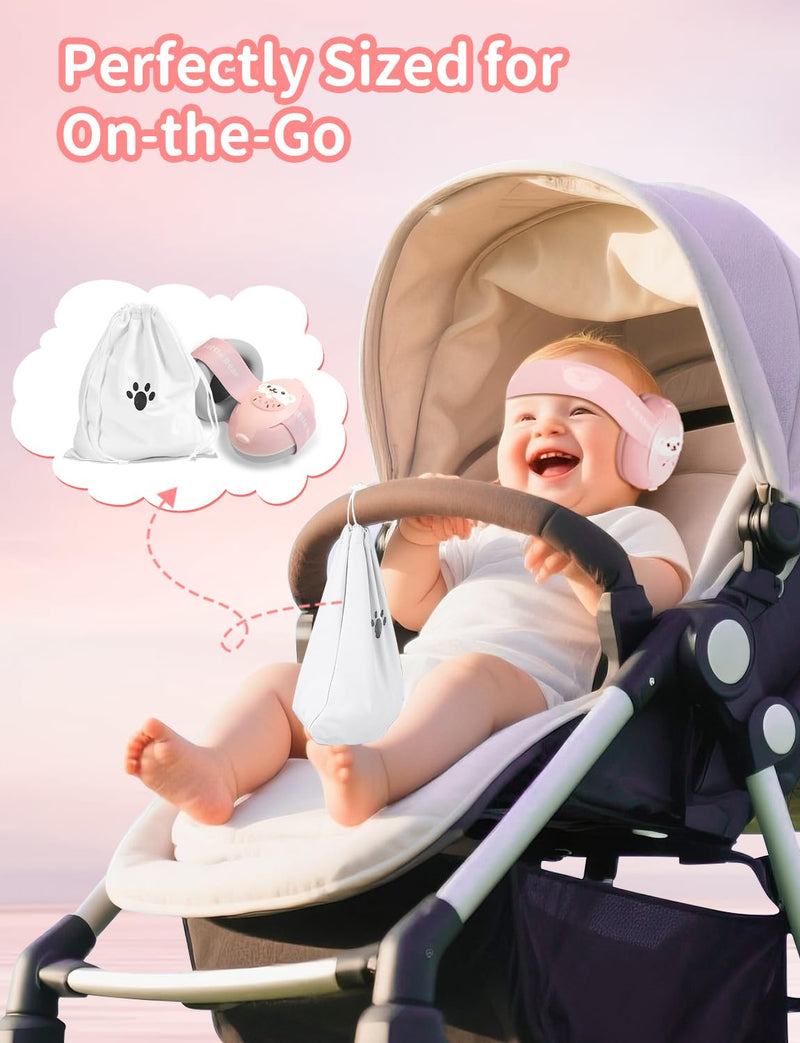 Baby Ear Muffs, 2-in-1 Baby Noise Canceling Headphone, Hearing Protection for Babies 0-48 Months, Adjustable Headband Pink