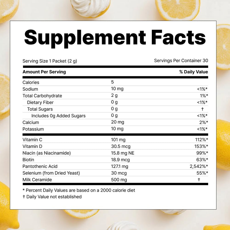 VITALBEAUTIE Super CICA B5 – Ingestible Ceramide Powder Stick Packs – K‑Beauty Skin Supplement for Skin Balance – Lemon Yogurt Flavor (Naturally & Artificially Flavored) – 30 Sachets