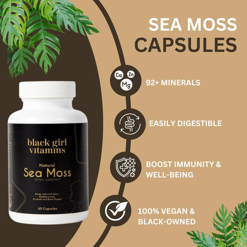 Black Girl Vitamins Organic Sea Moss Capsules – 92 Minerals Superfood Supplement | Vegan Sea Moss Pills for Thyroid, Digestive & Immune Support | Black-Owned, Non-GMO