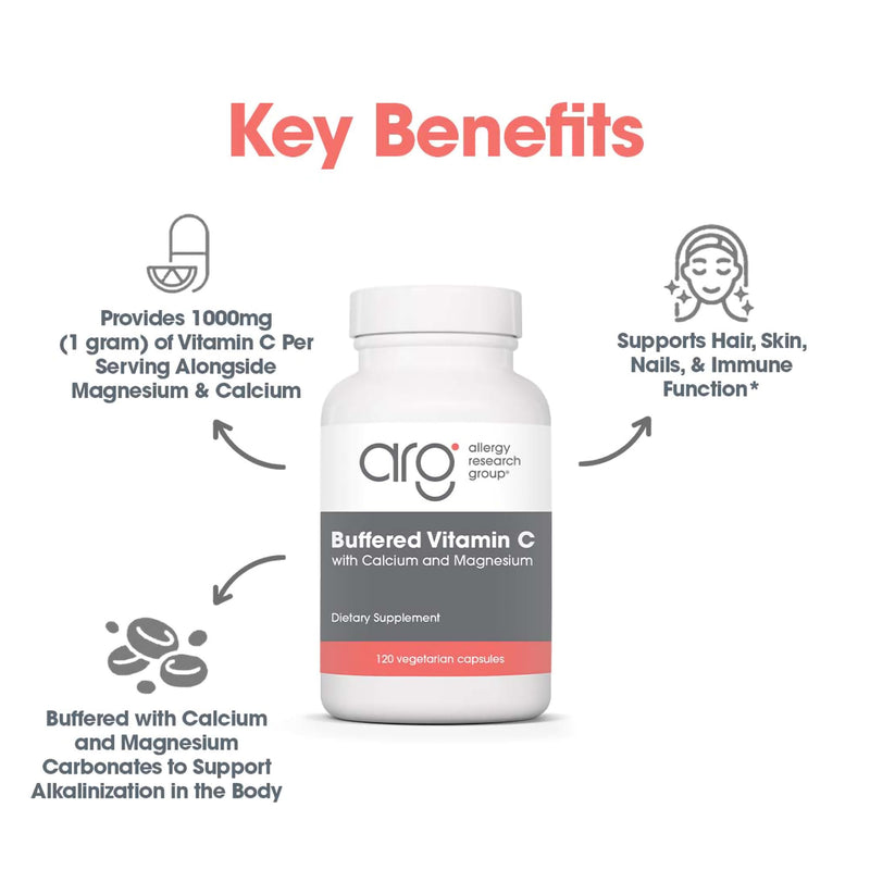 ARG Buffered Vitamin C 1000 mg, Immune Support, 120 Count | 1000 mg Buffered Vitamin C in Hypoallergenic Vegetarian Capsules for Immune Support, 60 Servings