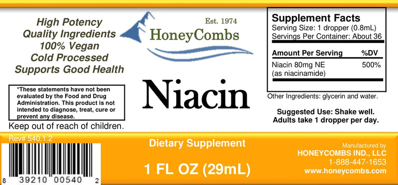 HoneyCombs Vitamin B3 Niacin Liquid Drops 1 oz | Fast-absorbing liquid Niacin supplement for convenient daily nutritional support and overall wellness. 1 Fl Oz (Pack of 1)