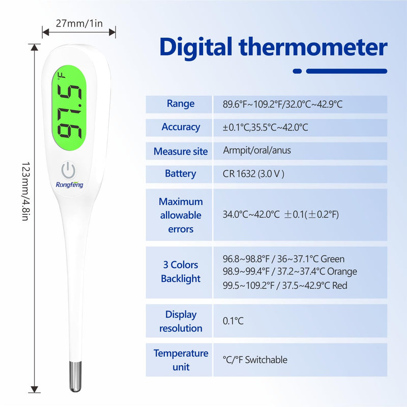 8 Seconds Digital Oral Thermometer for Adults and Kids, Accurate Baby Thermometer with Fever Alarm and 3 Color Backlit Medical Basal Thermometer for Rectal, Underarm
