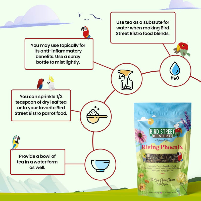 Bird Street Bistro Parrot Tea 3oz - Parakeet & Cockatiel Food Vitamin Substitute - Bird Health Supplies - Bird Food Topper Rising Phoenix 3 Ounce (Pack of 1)