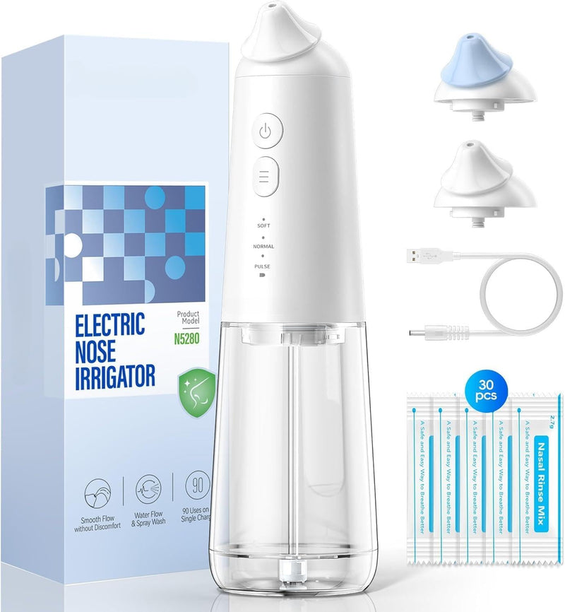 Neti Pot Sinus Rinse, Cordless Electric Nasal Irrigation System, Nose Cleaner,Nasal Rinse Bottle, Nasal Rinse Kit，3 Modes 2 Jet with 300ml, with 30 Wash Salt Packets for Adult & Kid