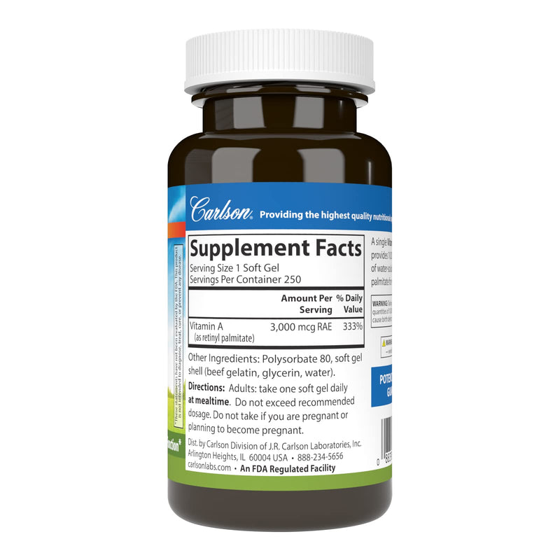 Carlson - Vitamin A Solubilized, 10000 IU (3000 mcg RAE), Water Soluble, Vision Health, 250 Softgels - BeesActive Australia