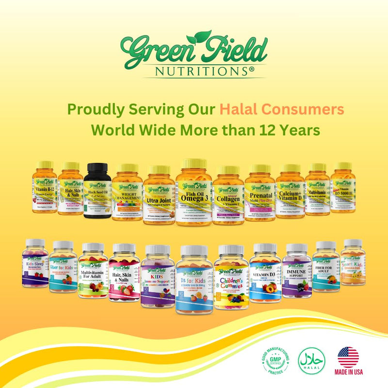 Greenfield Nutritions Smart Kids Halal Omega 3 Gummies with DHA - 60 Halal Vitamins for Kids, Supports Brain & Immune Health - Vegan, Non-GMO, Gluten, Gelatin-Free and Peanut-Free Halal Gummy Vitamins