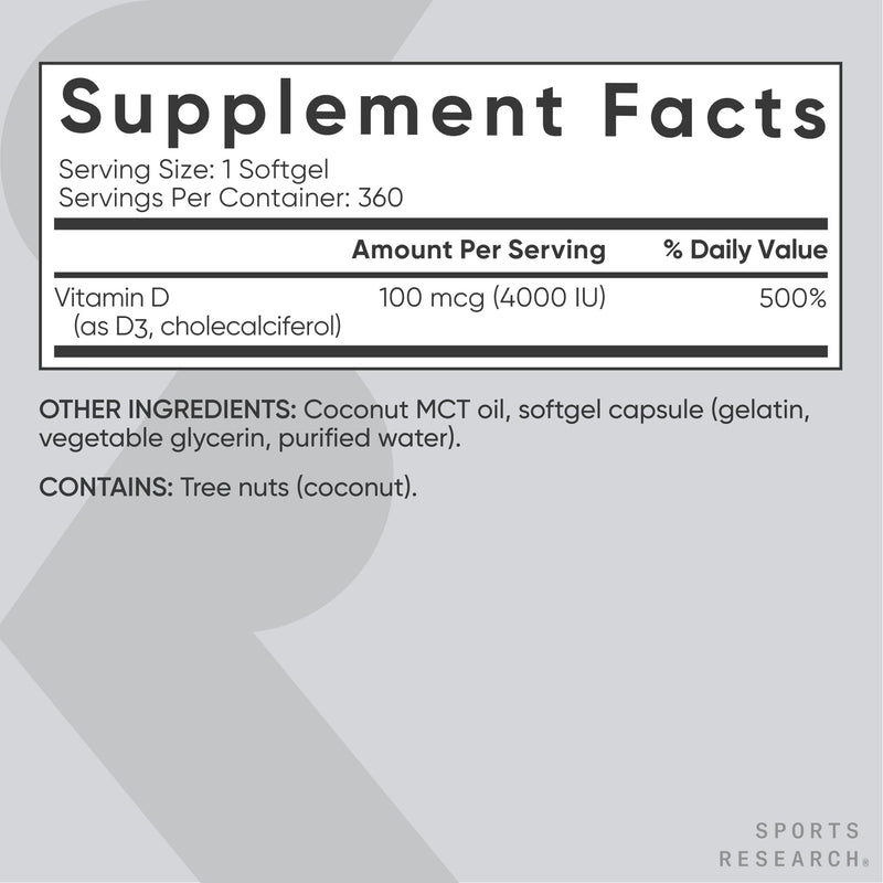 Sports Research® Vitamin D3 4000iu/100mcg with Coconut MCT Oil, 360 Count | Double Strength Vitamin D Supplement | Supports Healthy Bones & Immune Function | Non-GMO · Soy Free - 360 Servings 360 Count (Pack of 1) D3 (4,000 IU)