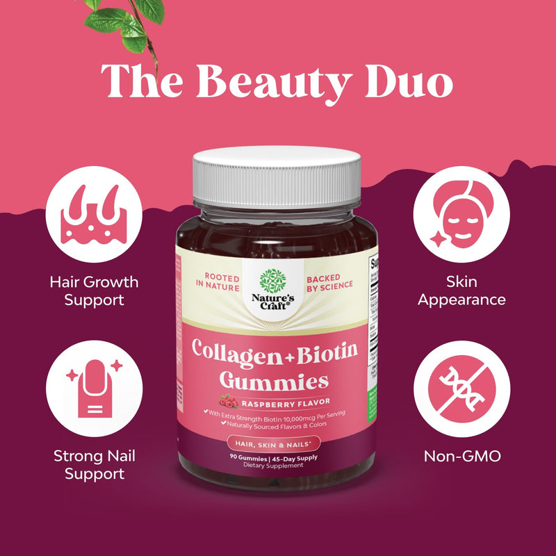 Hair Skin and Nails Gummies for Women - Extra Strength Biotin and Collagen Gummies for Women Hair Skin Nails Support - Non-GMO Kosher Marine Collagen Biotin 10000mcg per serving - 90 Count
