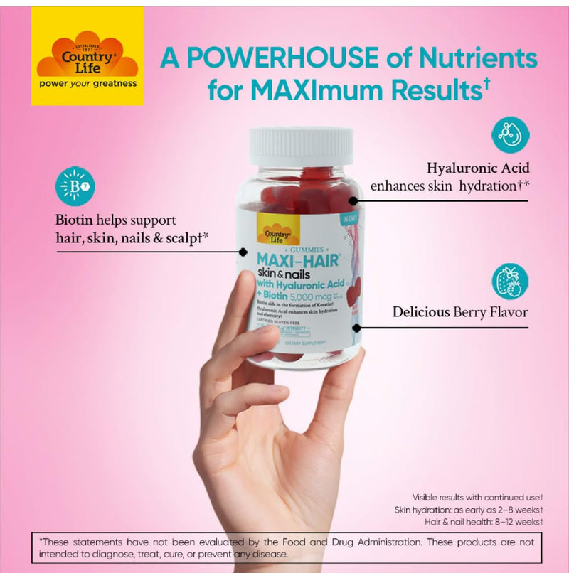 Country Life Maxi-Hair Skin & Nails Gummies with Biotin, 60 Count | Berry Flavored gummies with5,000 mcg biotin and hyaluronic acid to support healthy hair, skin, and nails