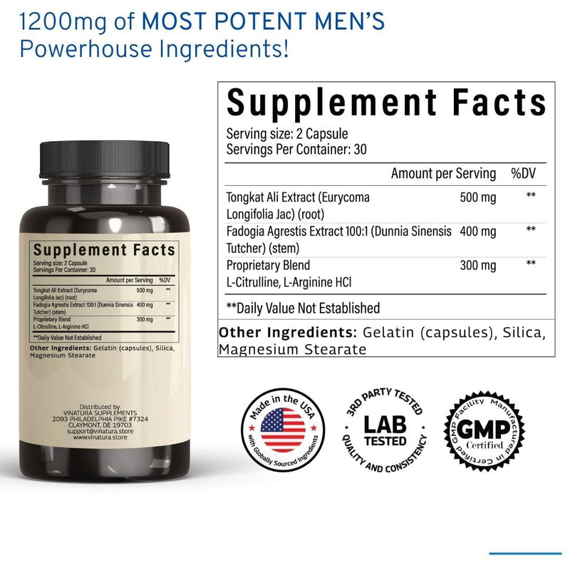 Tongkat Ali Fadogia Agrestis - 1200mg, Enhanced with Nitric Oxide Booster Supplement, Longjack Tongkat Ali for Men, *USA Made and Tested*, 60 Capsules - BeesActive Australia