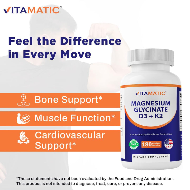 Vitamatic Magnesium Glycinate 200 mg (Elemental) with Vitamin D3 5000 IU & K2 200 mcg – High Absorption Bone, Muscle & Heart Support – 180 Veg Capsules – Non-GMO – Made in USA