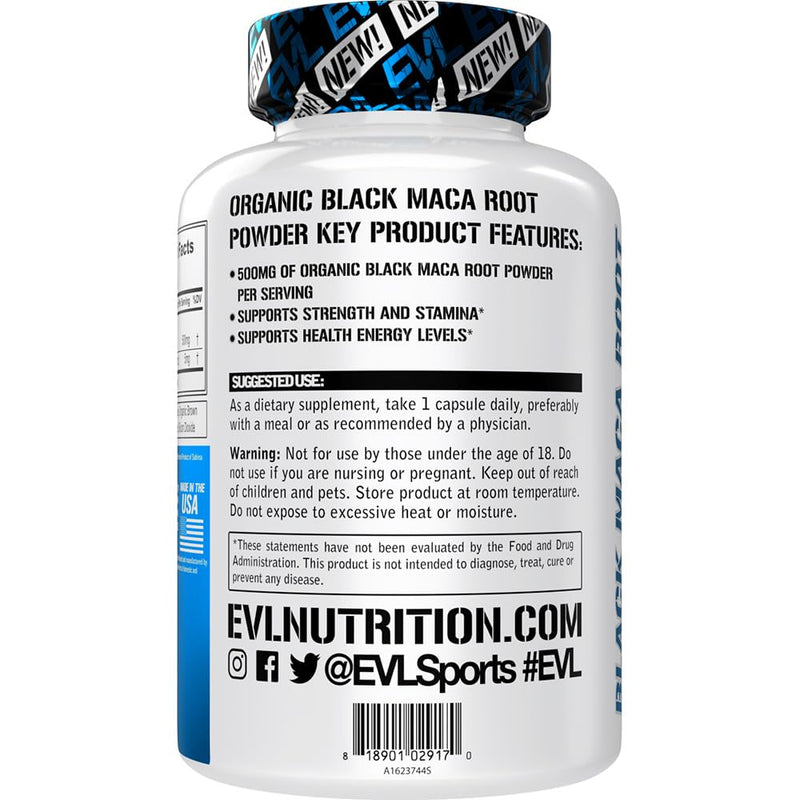 EVL Organic Black Maca Root 500mg Energy Support Capsules - 60 Servings | Organic Black Maca Root Formula Supports Energy, Strength, Stamina and Workout Performance In Vegetarian Capsules