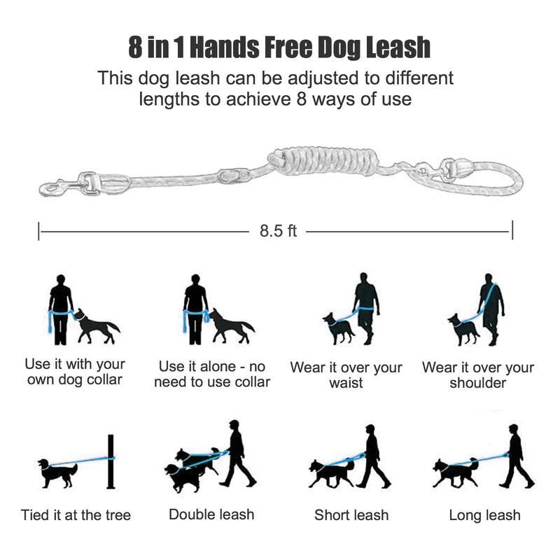 Hands Free Dog Leash(8.5ft), 8 in 1 Multifunction Nylon Double Leash for Dogs,1.2cm Dog Training Leash with Reflective Stitching, Adjustable Waist Dog Leash Fits All Waist for Medium Large Dogs-Blue Blue - BeesActive Australia