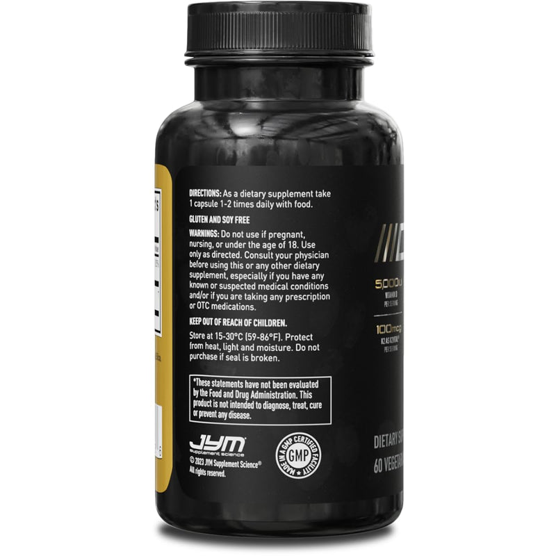JYM D3 + K2 Supplement, 5000 IU Vitamin D3, 100 mcg K2 MK7-60 Veg Caps | Bone, Heart & Immune Health Support, Enhanced Calcium Absorption, Vitamin D3 & K2 as MK7, Men & Women 60 Count (Pack of 1)