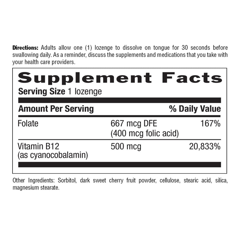 Country Life Vitamin B12 with Folate, Supports Energy & Red Blood Cell Production, 500mcg, 100 Lozenges, Certified Gluten Free, Vegan, Halal, Non-GMO Verified 100 Count (Pack of 1)