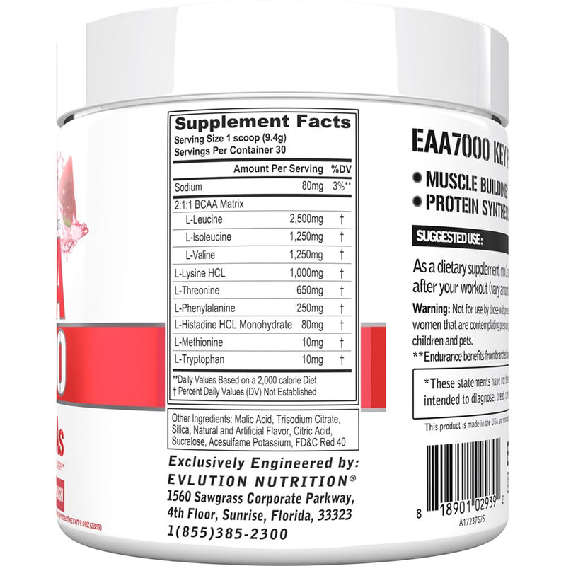 EVL EAA Essential Amino Acids Powder Pre & Post Workout - 30 Servings | 7g EAA formula with 5g BCAAs supports muscle recovery, endurance and workout performance - Watermelon Splash