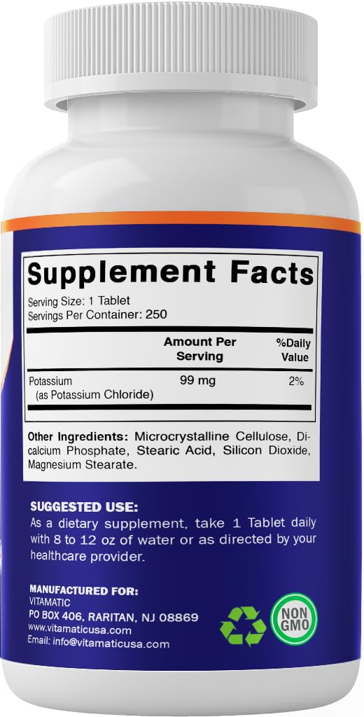 Vitamatic Potassium 99mg ‚Äì 250 Tablets ‚Äì Potassium Chloride for Muscle, Heart & Nerve Function ‚Äì Electrolyte Support ‚Äì Non-GMO, Gluten-Free