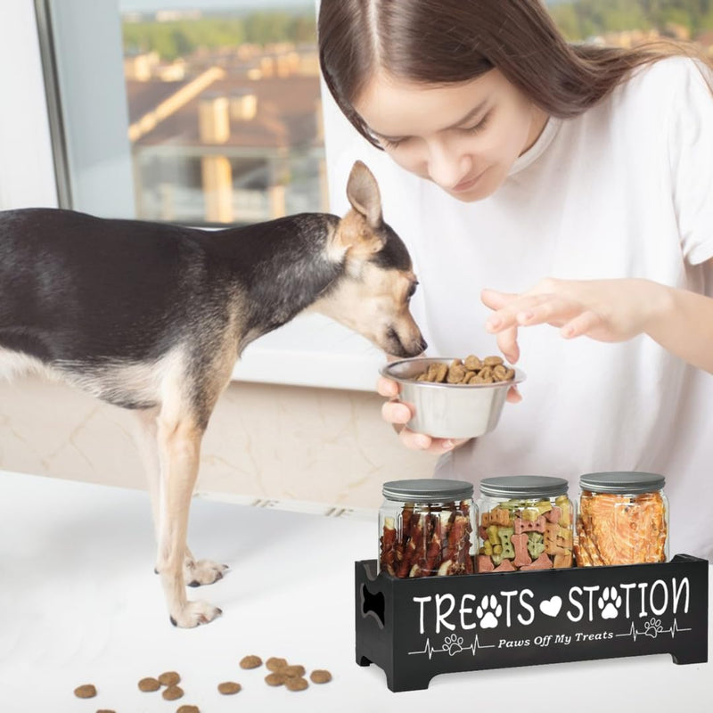 Dog Treat Container,Airtight Dog Food Storage Container with 3 Jars, Farmhouse Wood Dog Treat Jars, Pet Food Storage Containers for Dog, Cat or Small Animals(Black) - BeesActive Australia