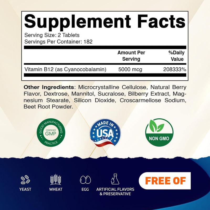 Vitamatic Vitamin B12 5000 mcg – 365 Fast Dissolve Tablets Berry Flavor – Supports Energy Production & Nervous System Health – Non-GMO, Gluten-Free- 2 Pack