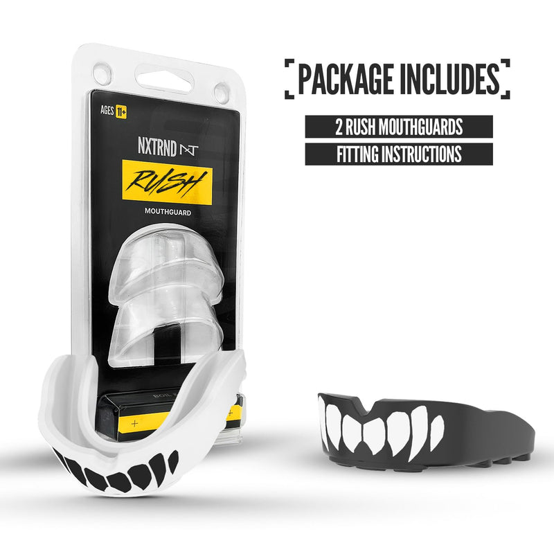 2 Pack Nxtrnd Rush Dual Layer Mouthguard, Custom Fit Sports Mouthpiece for Football, Boxing, MMA, Basketball, Hockey, Lacrosse, Youth & Adult (Black & White Fangs) Black & White Fangs