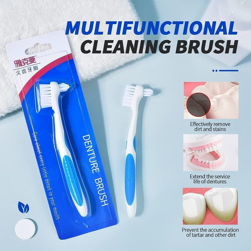 Y-Kelin Denture Brush Hard Bristles, Denture Toothbrush with Dual Head & Rubber Handle Non-Slip (Red+Blue, 2 Pcs) - BeesActive Australia